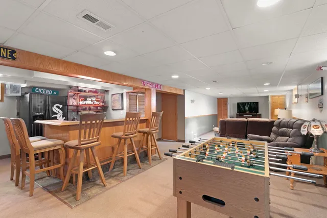 a view of a dining room with furniture