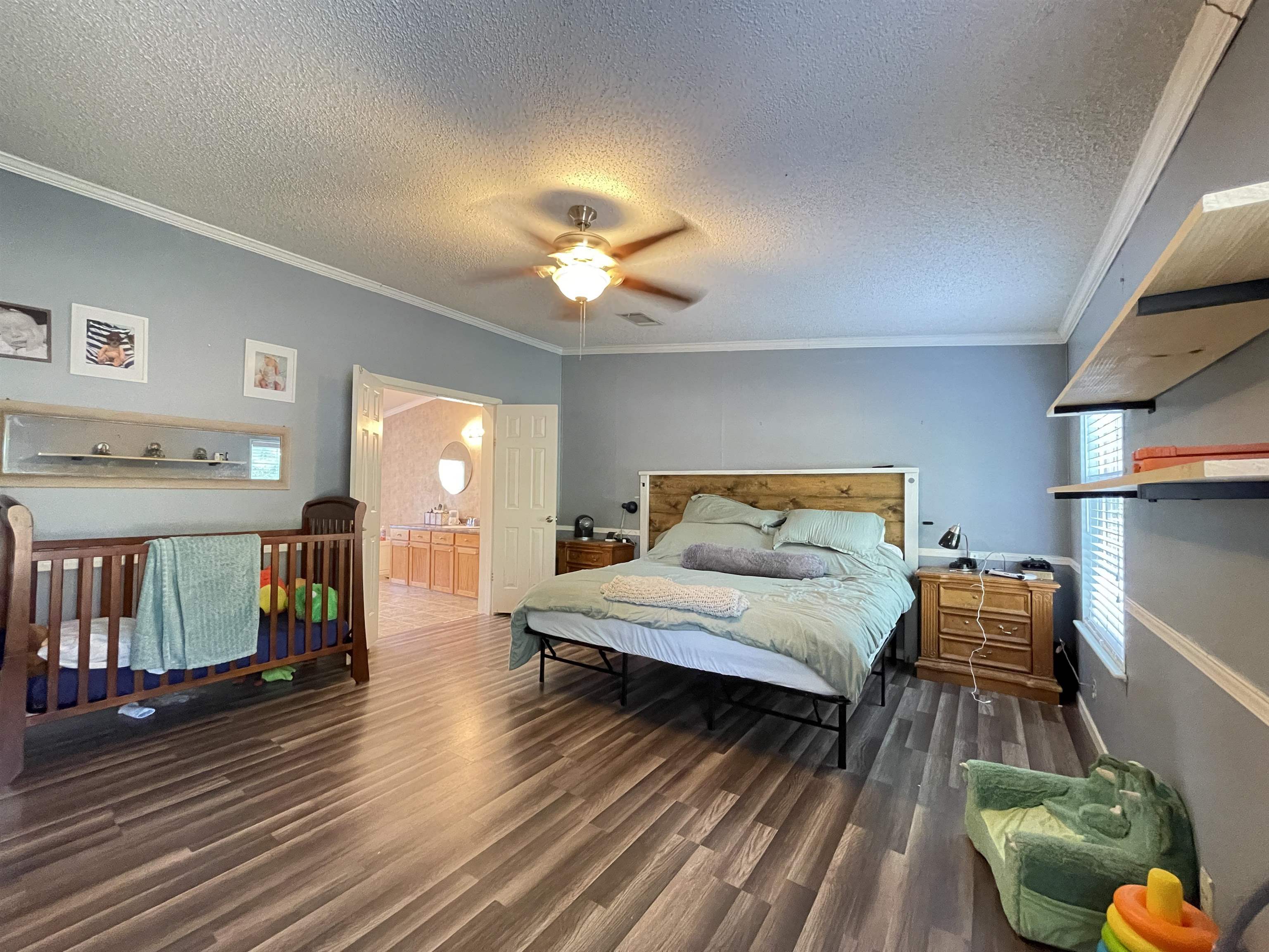 762 Pisgah Road Brighton, TN 38011 - Photo 8 of 19 Bedroom with ornamental molding, dark wood-style flooring, a textured ceiling, ensuite bathroom, and ceiling fan