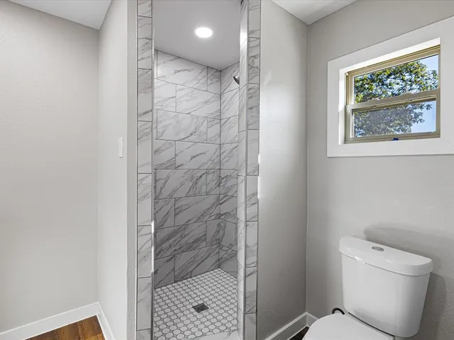 a bathroom with a shower and toilet