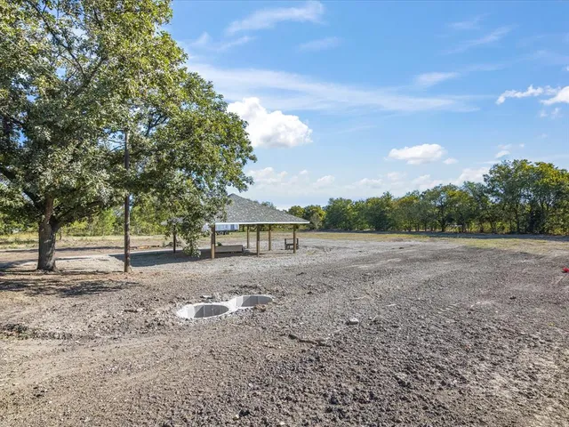 a view of dirt yard with a large tree