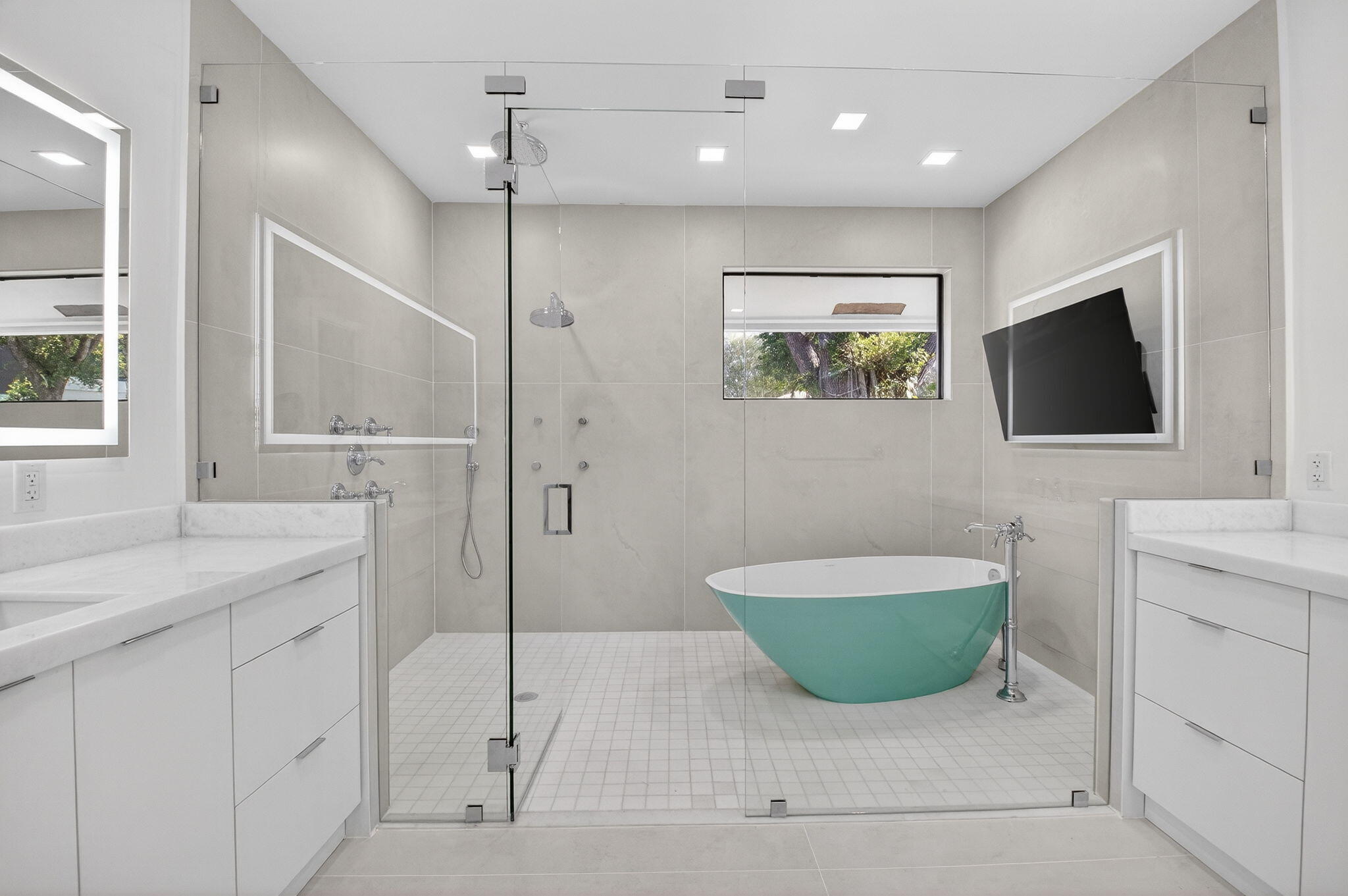 5723 Hamilton Way Boca Raton, FL 33496 - Photo 41 of 111 a spacious bathroom with a granite countertop sink a mirror a vanity and a shower