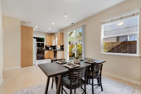 a view of a dining room with furniture