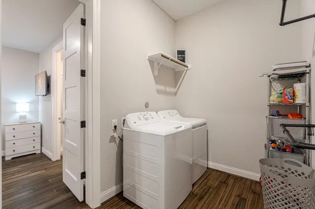 a storage room with washer and dryer