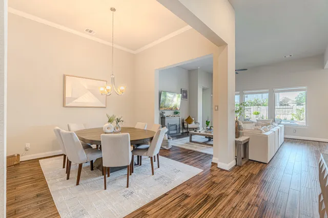 a view of a dining room with furniture wooden floor and a rug