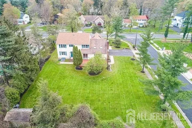 an aerial view of residential houses with outdoor space and trees