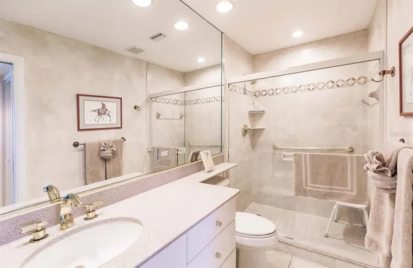 a bathroom with a sink a toilet a mirror a vanity and shower