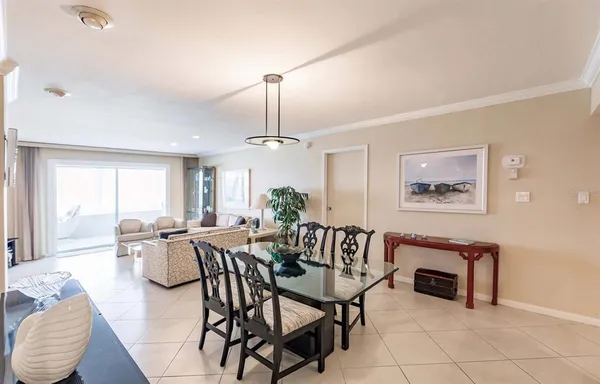 a view of a dining room with furniture