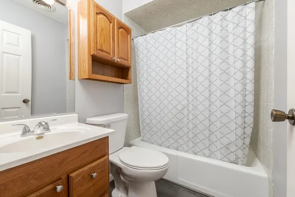 a bathroom with a sink a toilet and shower curtain