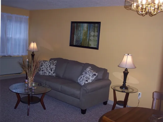 a living room with furniture a lamp a rug and a lamp