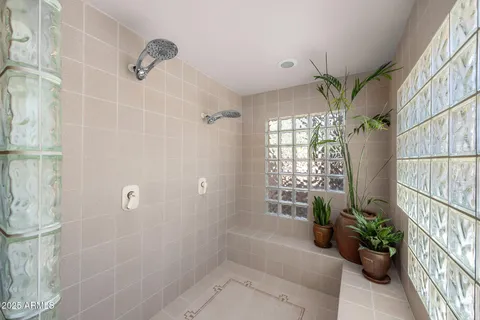 a bath room with a potted plant