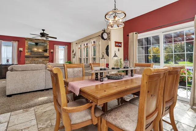 a view of a dining room with furniture window and outside view