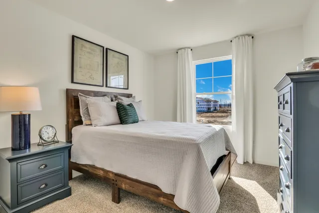 a bedroom with a bed and a window