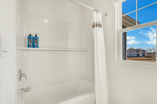a bathroom with a shower and a window