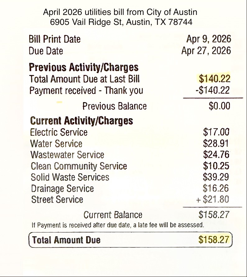 6905 Vail Ridge Street Austin, TX 78744 - Photo 35 of 39 Utility bill dated April 2026 from City of Austin, Itemizing services and charges for the property.