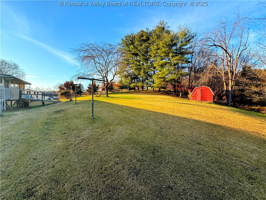 back yard with storage building