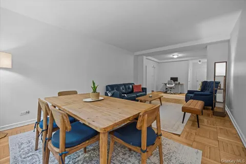 a view of a dining room with furniture