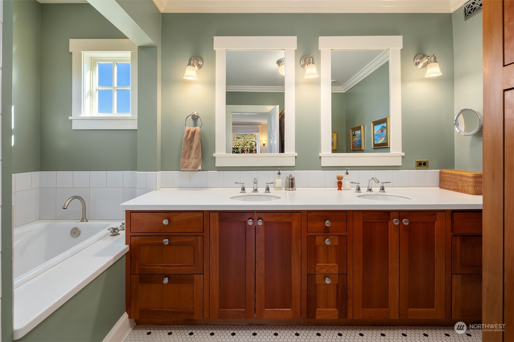 3708 42nd Avenue South Seattle, WA 98144 - Photo 19 of 40 a bathroom with a sink double vanity granite tub and a mirror