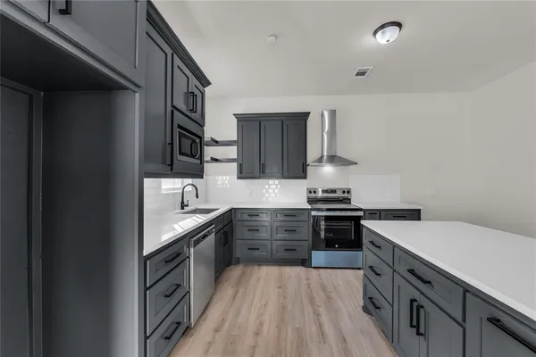 a kitchen with stainless steel appliances granite countertop hardwood a stove and cabinets