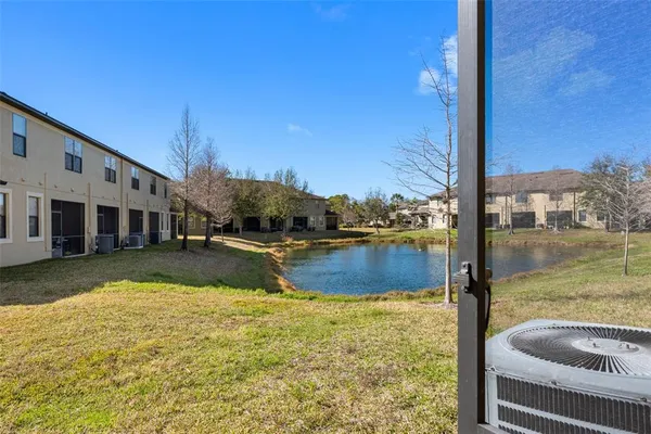 a view of swimming pool with lawn chairs and large tree