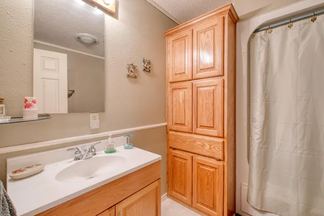 a bathroom with a sink a mirror and a shower