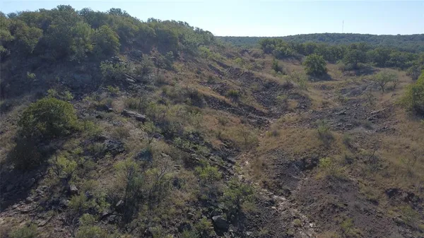 a view of a field with trees in the background