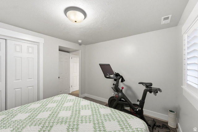 1405 Vintry Lane Murray, UT 84121 - Photo 31 of 44 Room with white walls and gray carpeting, featuring a ceiling-mounted light fixture, white plantation shutters, and a closet with sliding paneled doors