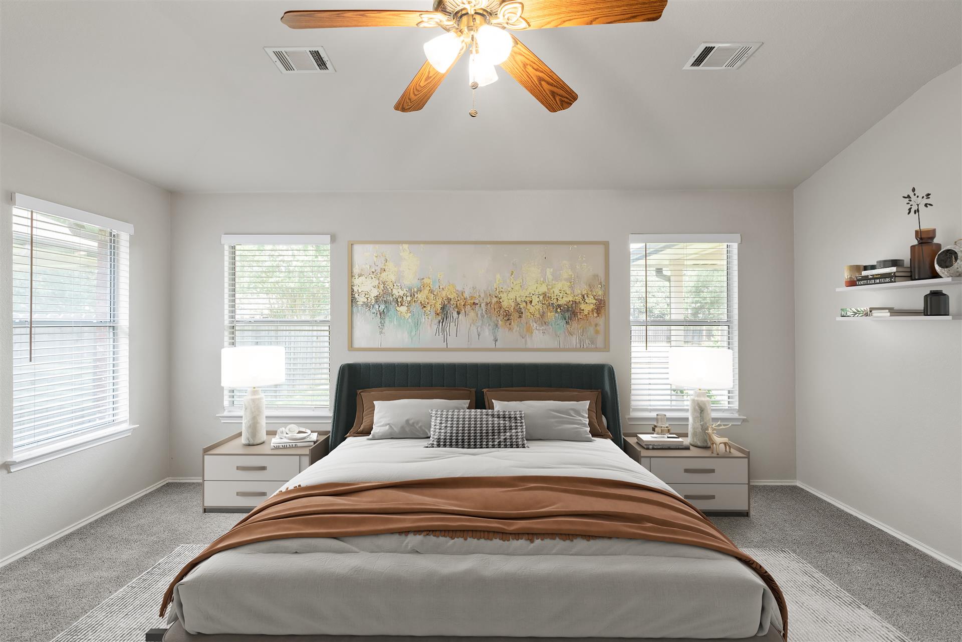 4725 Tello Path Austin, TX 78749 - Photo 8 of 34 An inviting bedroom with plush carpeting, well-lit windows, and a classic ceiling fan, perfect for unwinding.