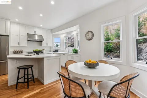 a white stove top oven sitting inside of a kitchen