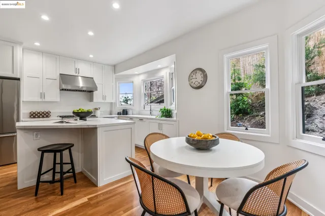 a white stove top oven sitting inside of a kitchen