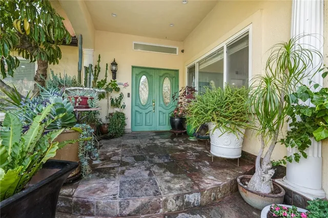 a view of a house with a yard and potted plants