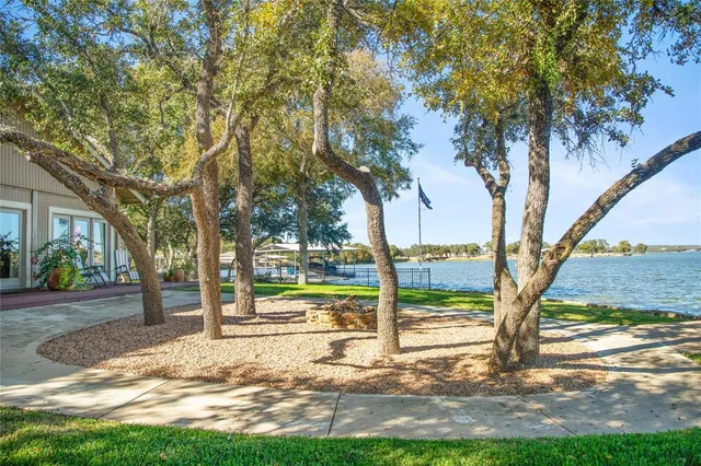 a view of a yard with large trees