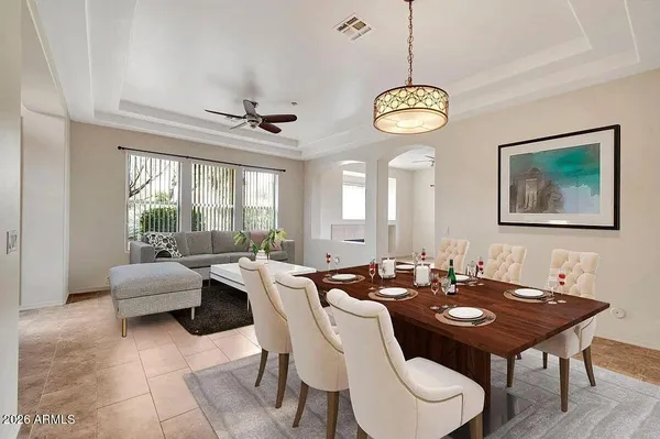 a view of a dining room with furniture