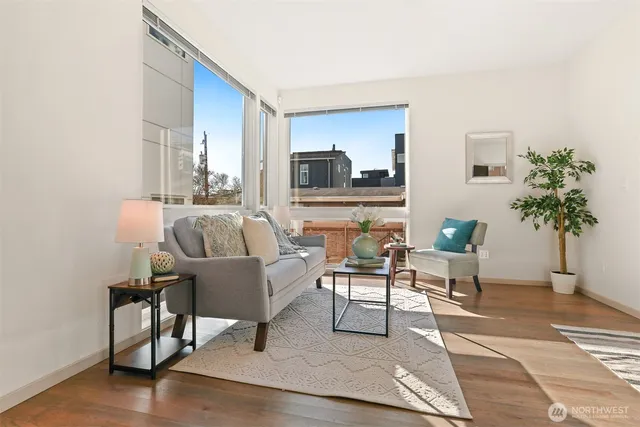 a living room with furniture and a potted plant