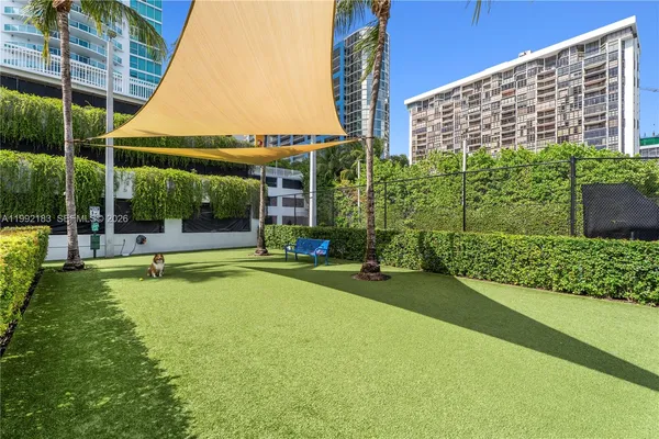 a view of a swimming pool with a garden and plants