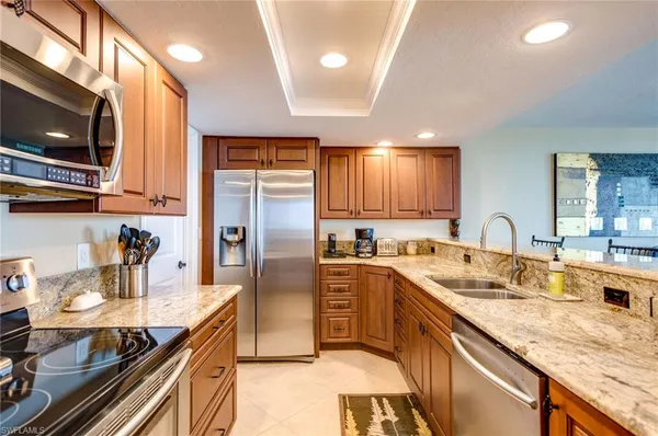 a kitchen with lots of counter top space