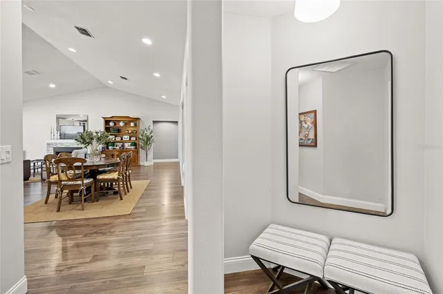 a view of a dining room with furniture
