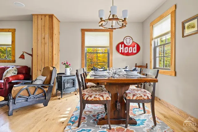 a view of a dining room with furniture window and wooden floor