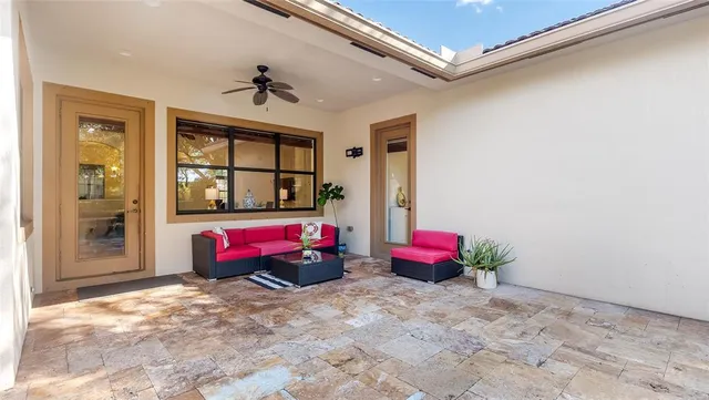 a view of a swimming pool and deck in the garden