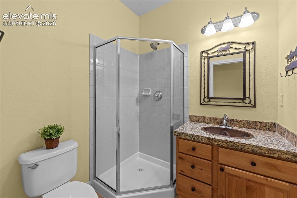 16540 Mesquite Road Peyton, CO 80831 - Photo 19 of 50 a bathroom with a granite countertop sink toilet a large mirror a shower and