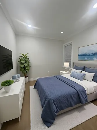 a bedroom with a bed and a couch