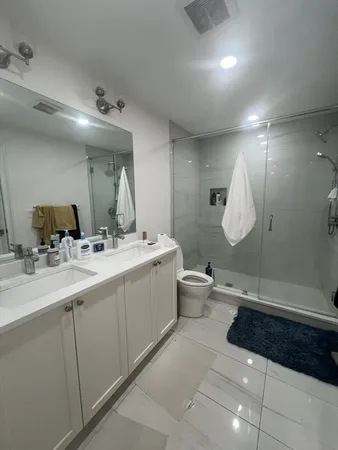 a bathroom with a double vanity sink a mirror and a toilet