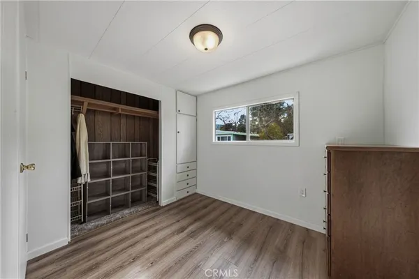 a view of room with walk in closet and wooden floor
