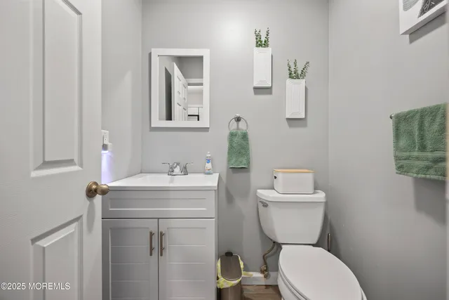 a bathroom with a toilet a sink and mirror
