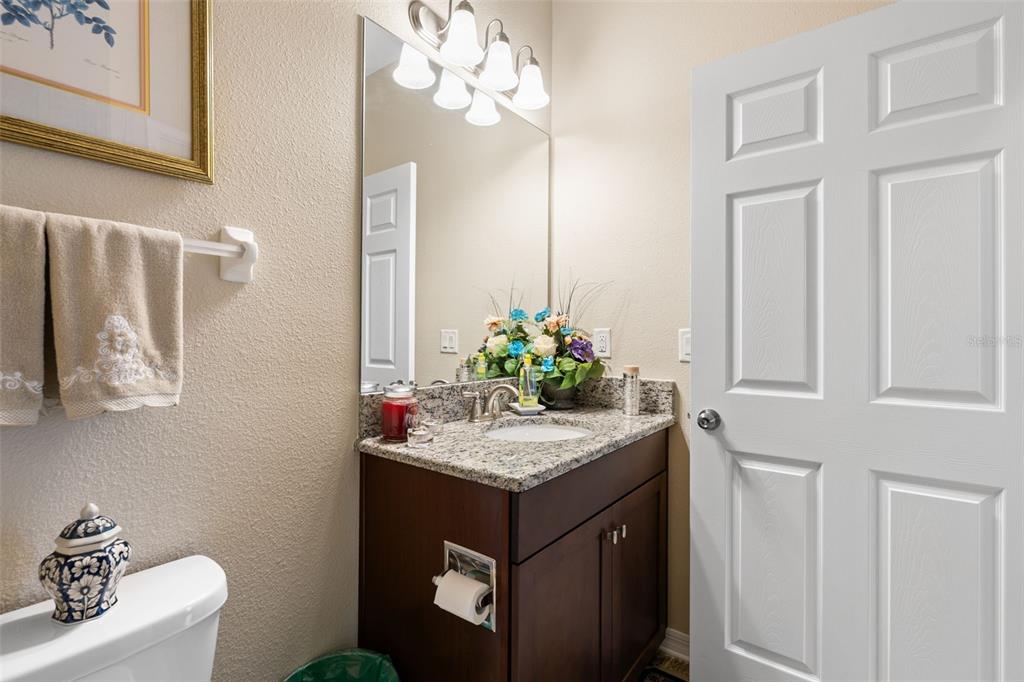 31046 Parrot Reef Court Wesley Chapel, FL 33545 - Photo 13 of 99 a bathroom with a granite countertop sink a toilet and mirror