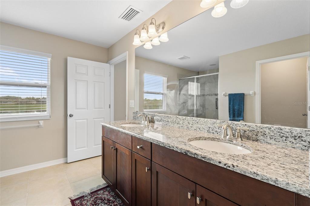31046 Parrot Reef Court Wesley Chapel, FL 33545 - Photo 39 of 99 a bathroom with a granite countertop double vanity sink and a mirror