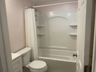a bathroom with a shower and a toilet