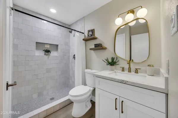 a bathroom with a sink a toilet and shower
