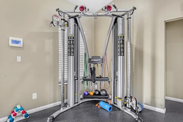 a view of a room with gym equipment