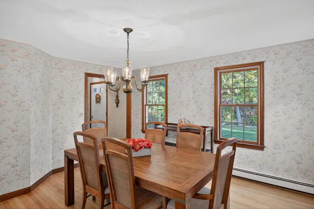 a view of a dining room with furniture window and wooden floor