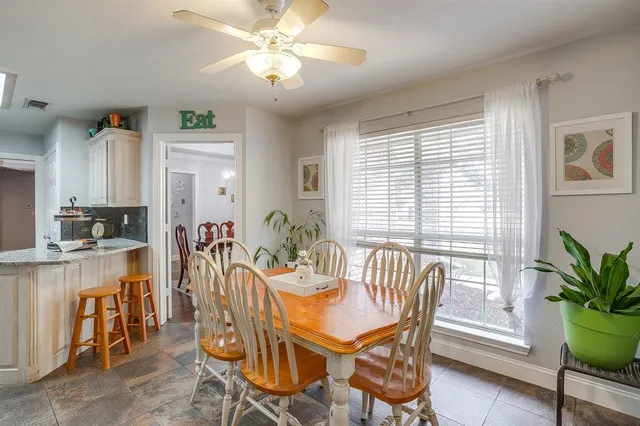 a view of a dining room with furniture window and outside view